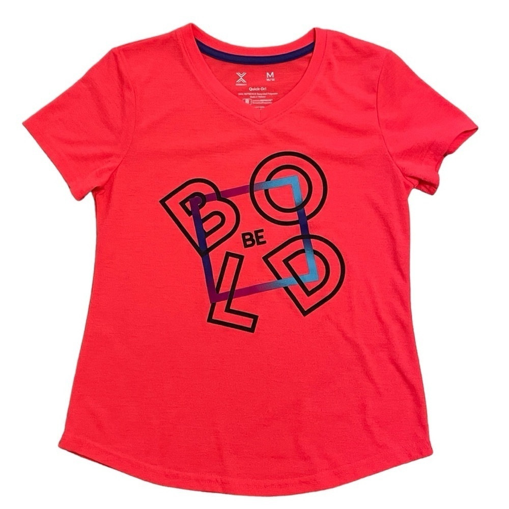 Xersion Vibrant Orange Pink Be Bold V Neck Short Sleeve Shirt Size M
